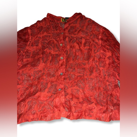 Mirasol Burnt Orange Retro Abstract Floral Pattern Sheer Button Up Blouse - Picture 10 of 10